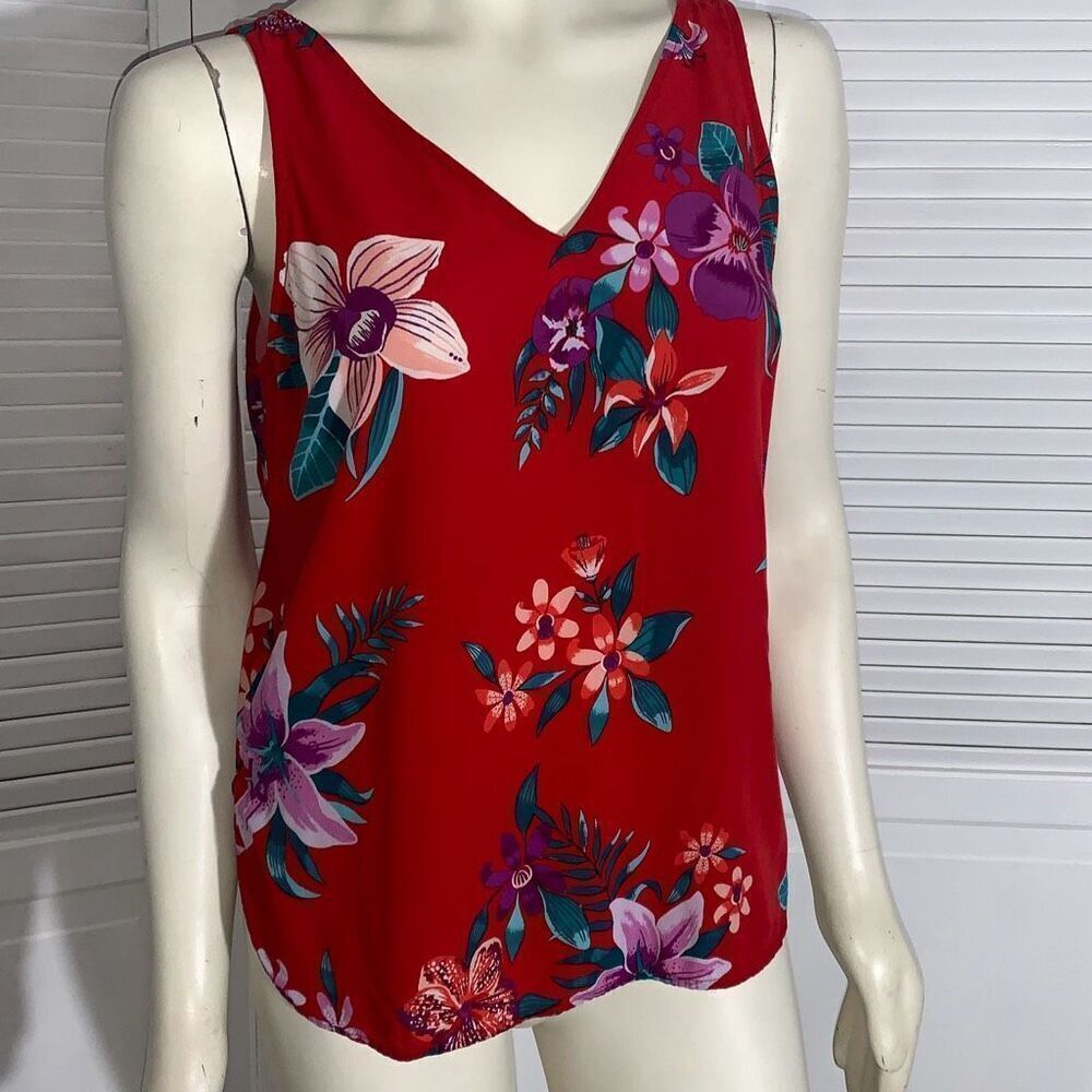 Old Navy Red Hawaiian Floral Tank Top Sleeveless V-Neck Top for Women Size Mediu